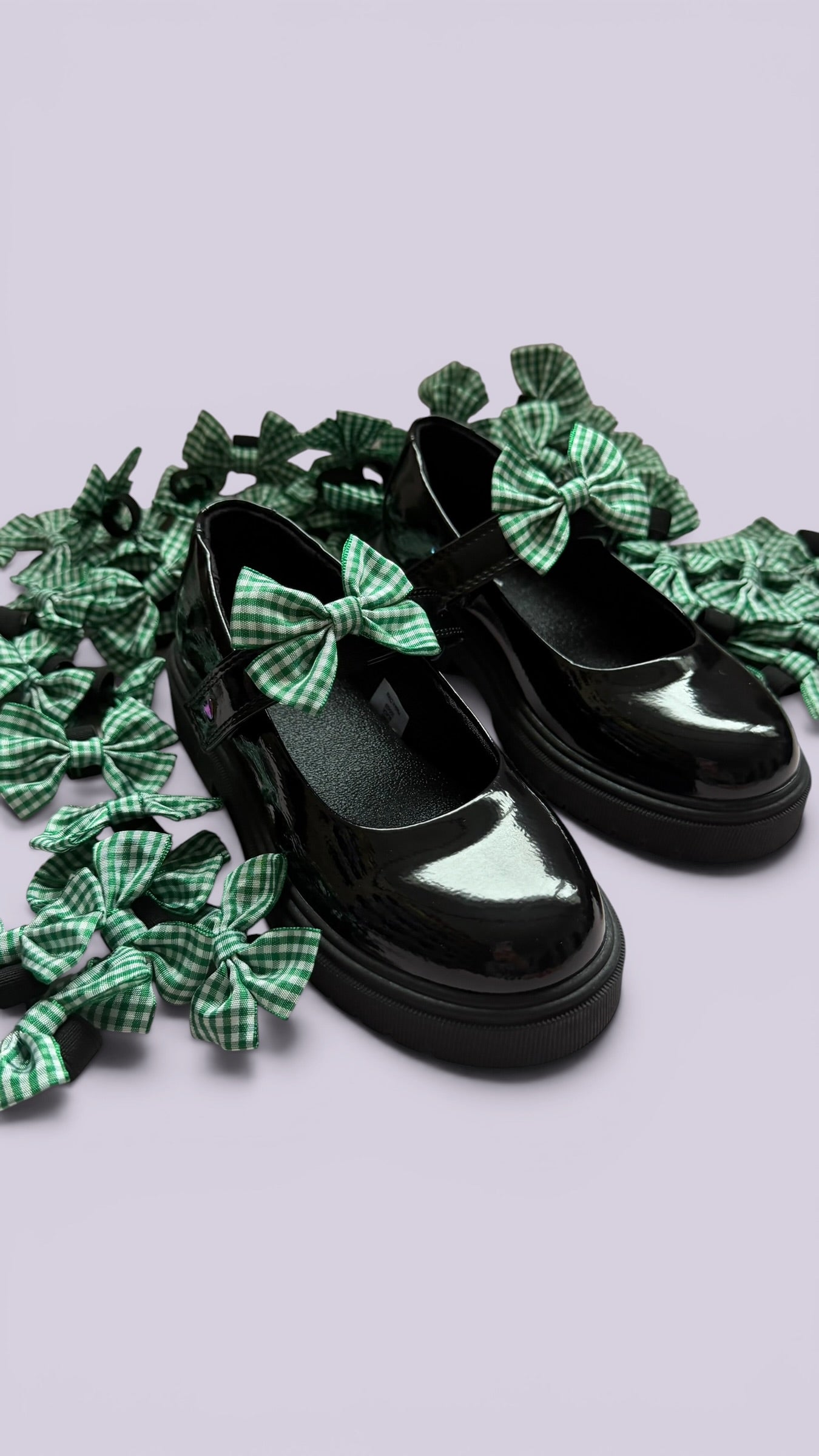 Hunter bottle green gingham shoe bows on school shoes