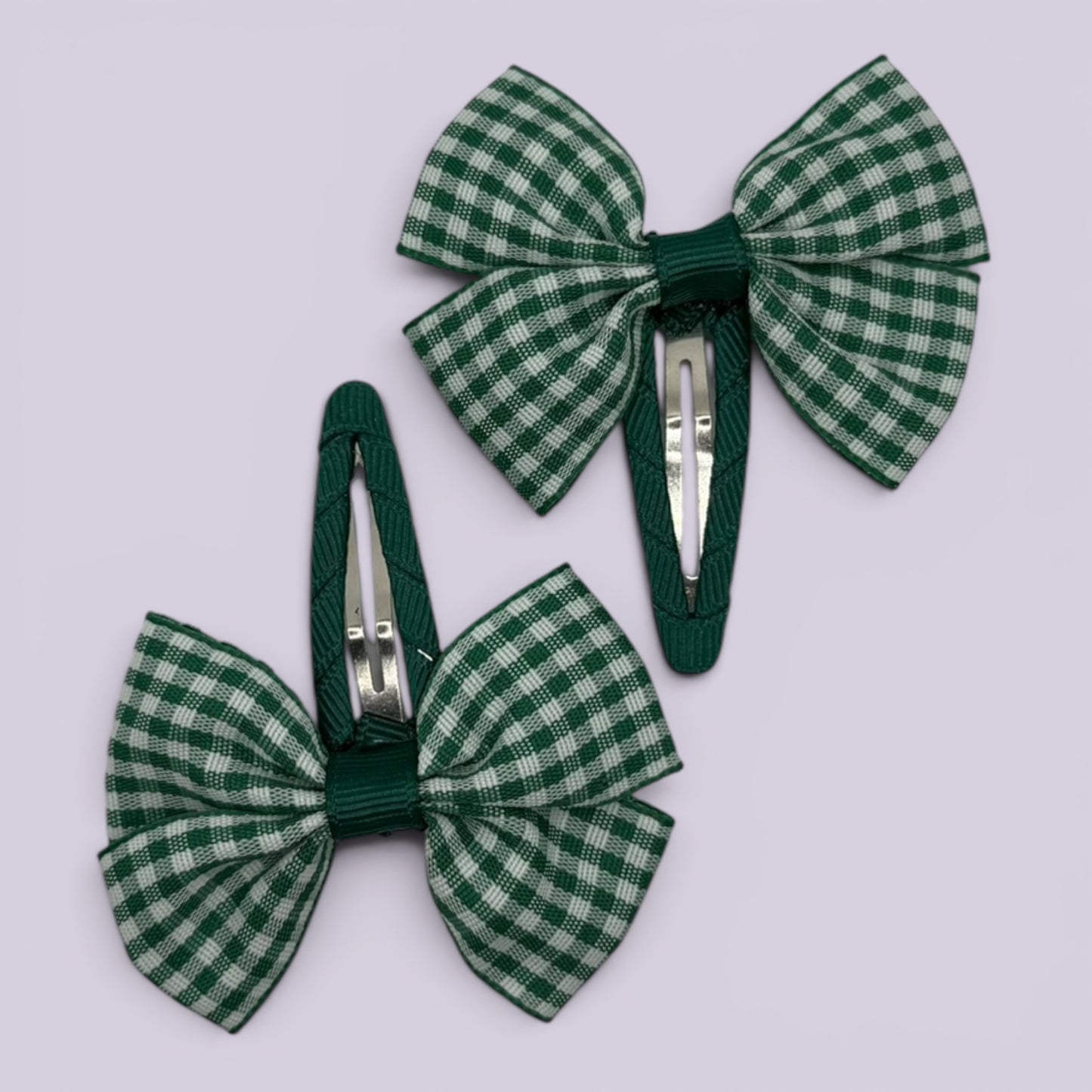 Hunter bottle green gingham butterfly school snap hair clips