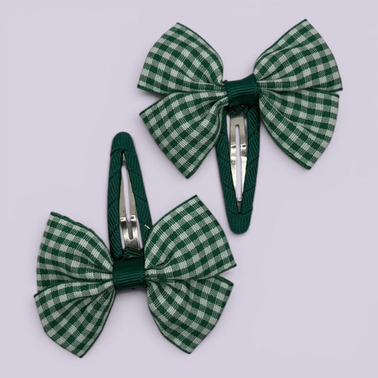 Hunter bottle green gingham butterfly school snap hair clips