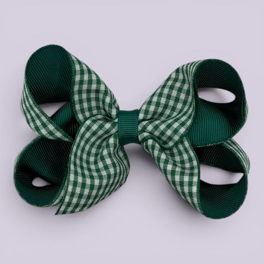 Hunter bottle green gingham large school hair bow clip