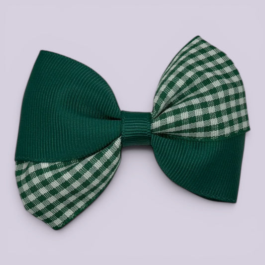 Hunter bottle green gingham twisted school hair bow clip