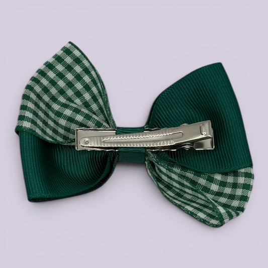 Hunter bottle green gingham twisted bow clip on card