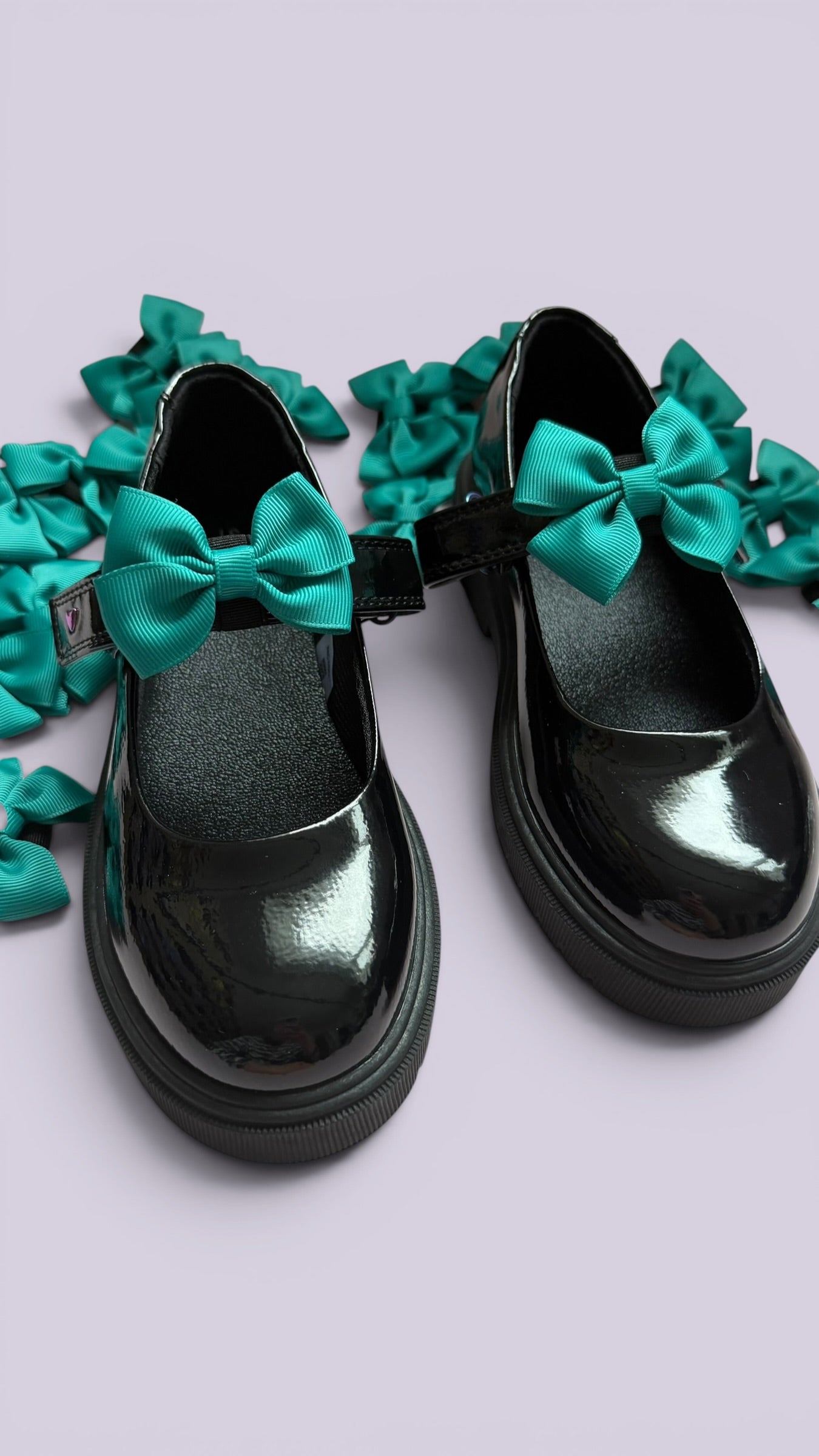 Jade green shoe bows on school shoes