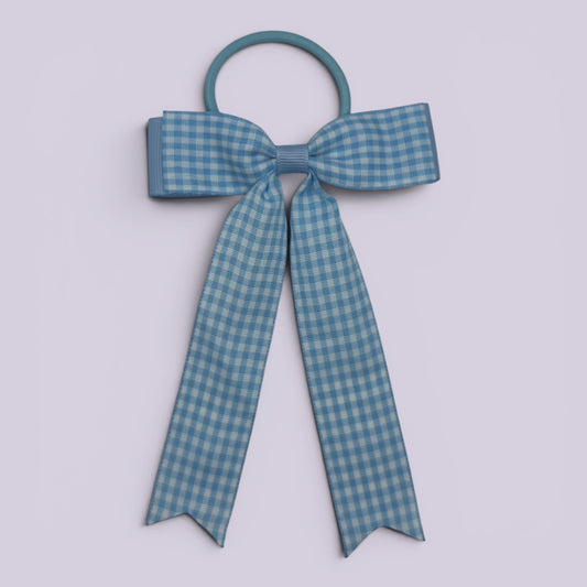 Light blue gingham tailed school hair bow bobble