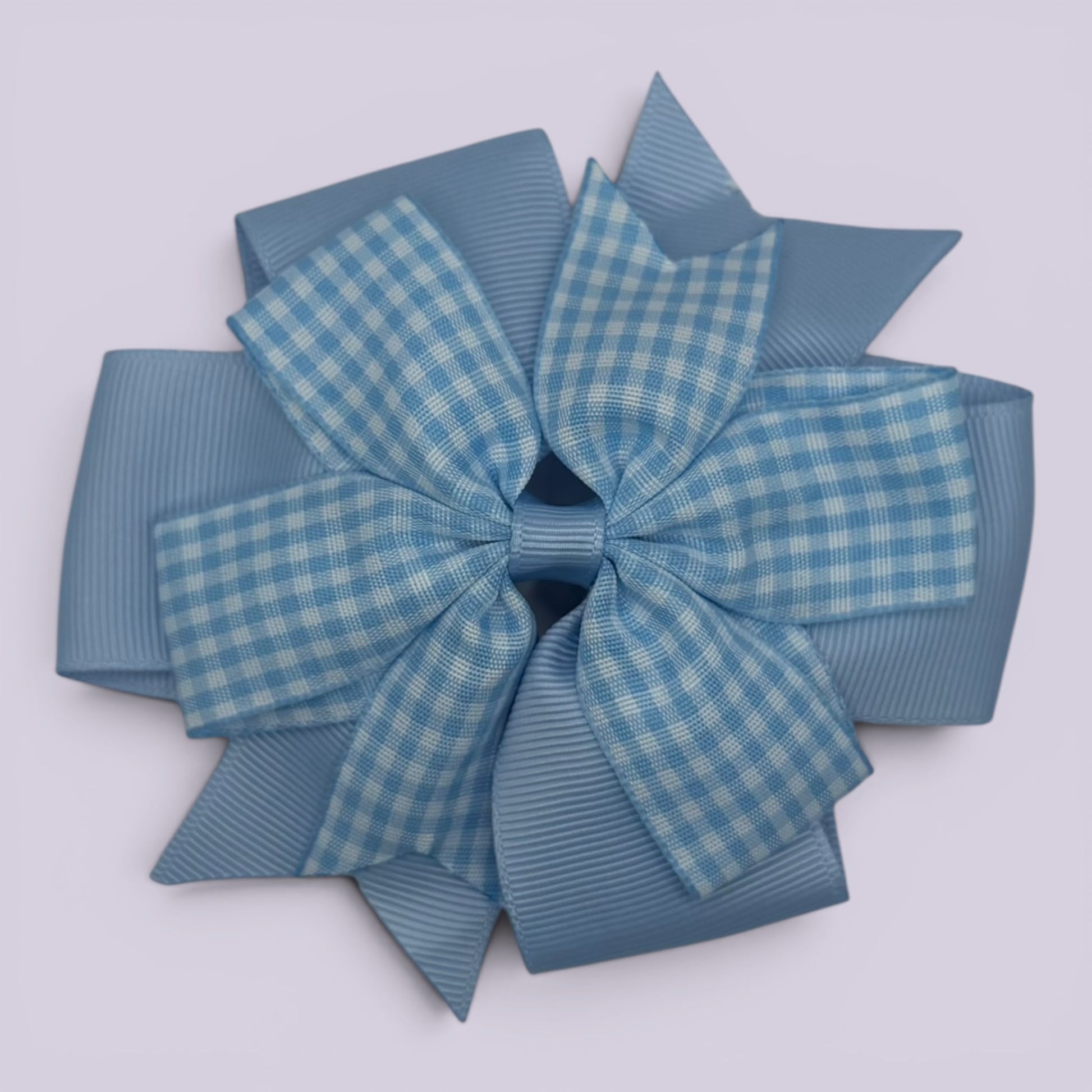 Light blue gingham double pinwheel school hair bow clip
