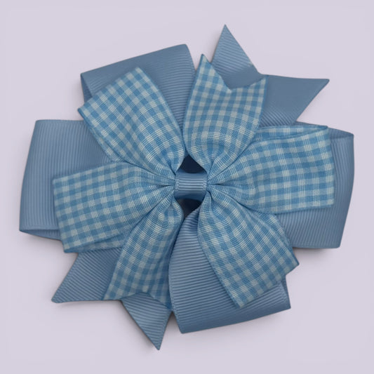Light blue gingham double pinwheel school hair bow clip
