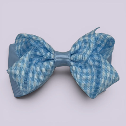 Light blue gingham double bow school hair clip