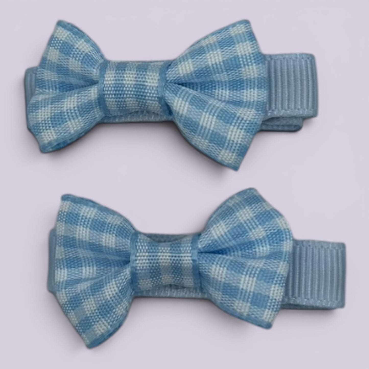 Light blue gingham mini bowtie school hair clips