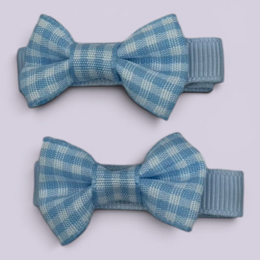 Light blue gingham mini bowtie school hair clips