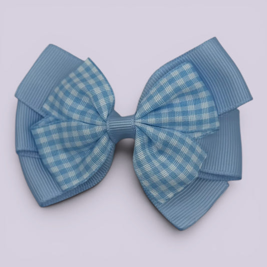 Light blue gingham pinwheel school hair bow clip