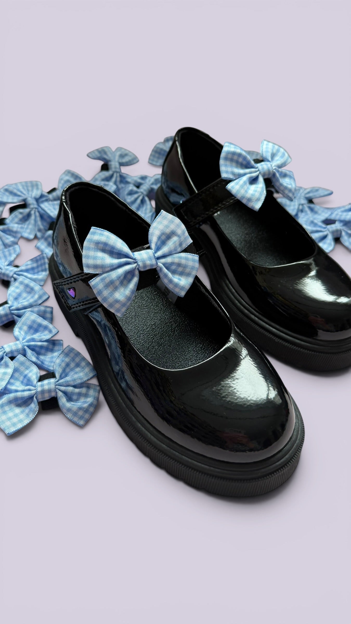 Light blue gingham shoe bows on school shoes