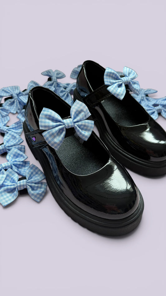 Light blue gingham shoe bows on school shoes