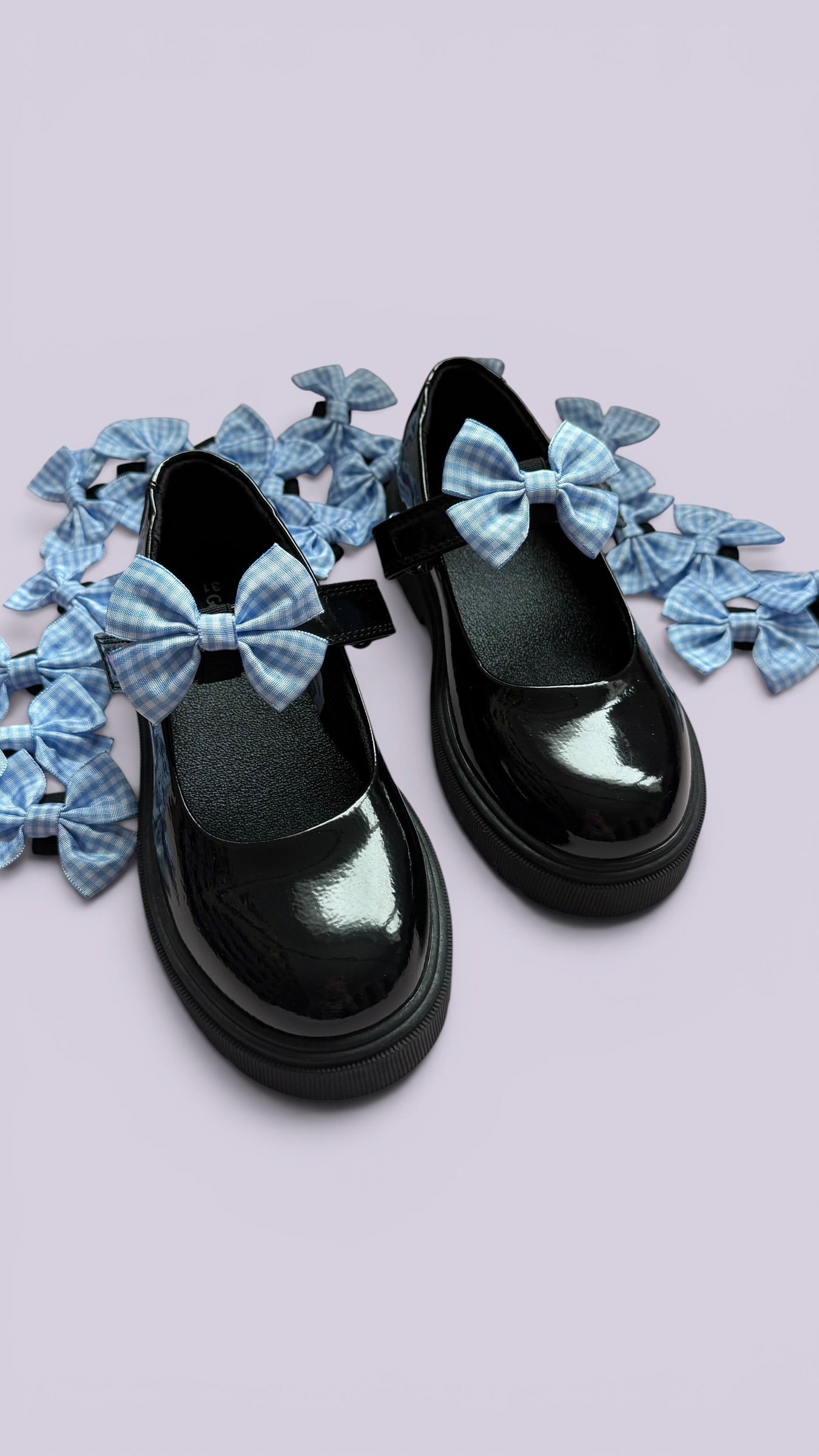 Light blue gingham shoe bows for school uniform