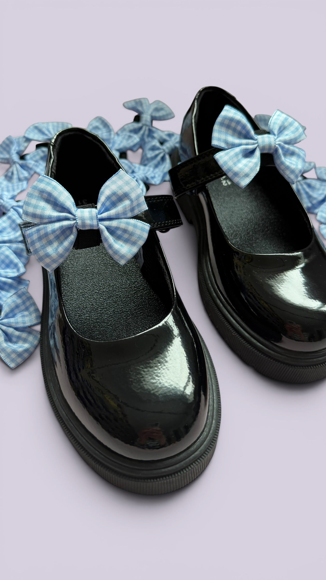 Light blue gingham school uniform shoe bows