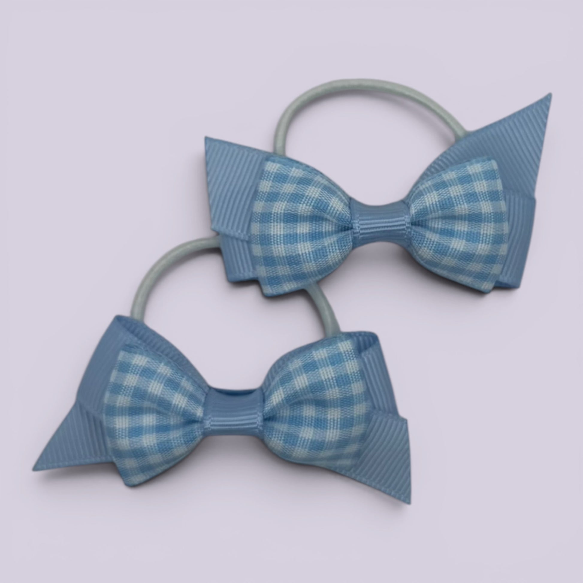 Light blue gingham small school hair bow bobbles pair