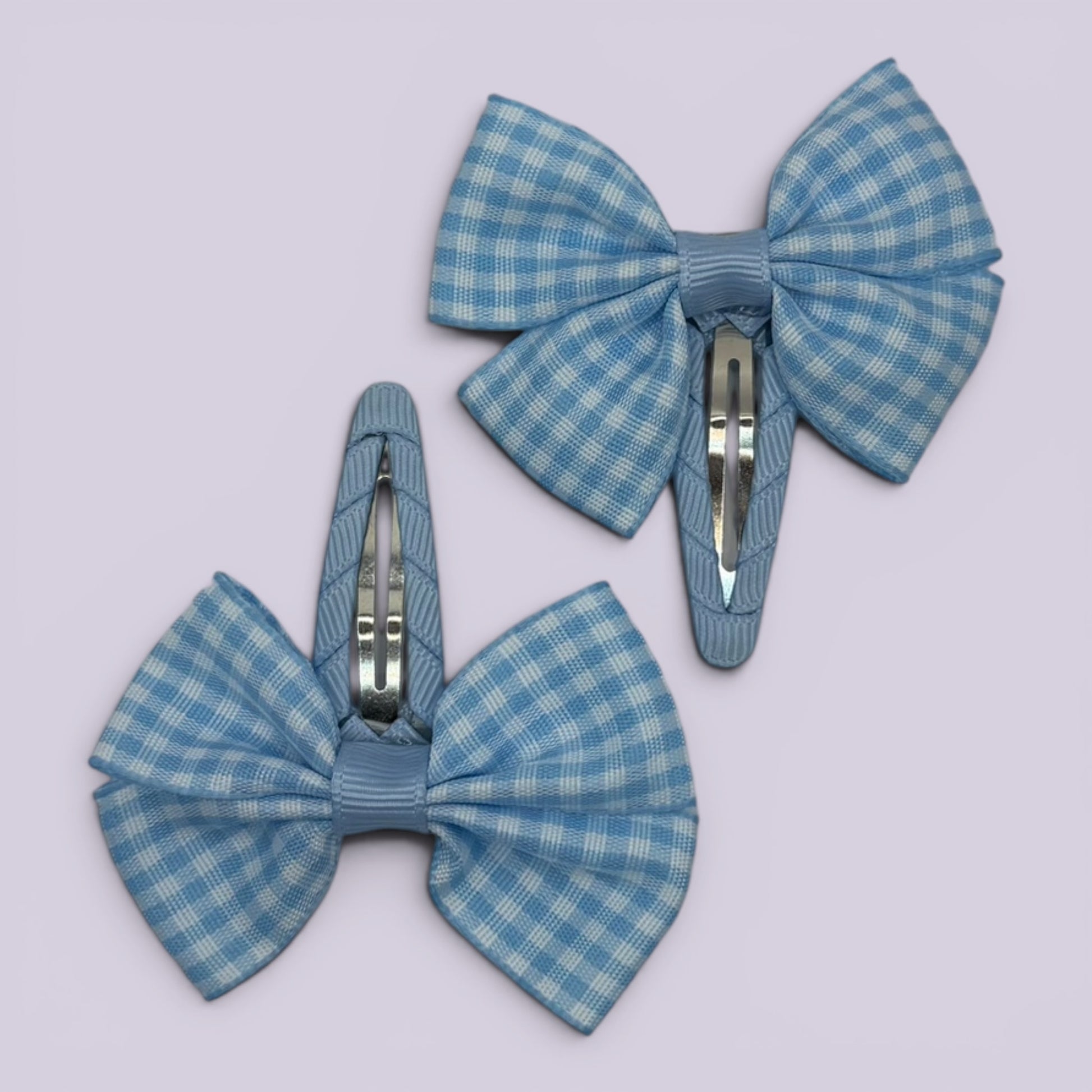 Light blue gingham butterfly school snap hair clips