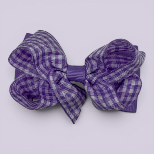 Lilac gingham double bow school hair clip