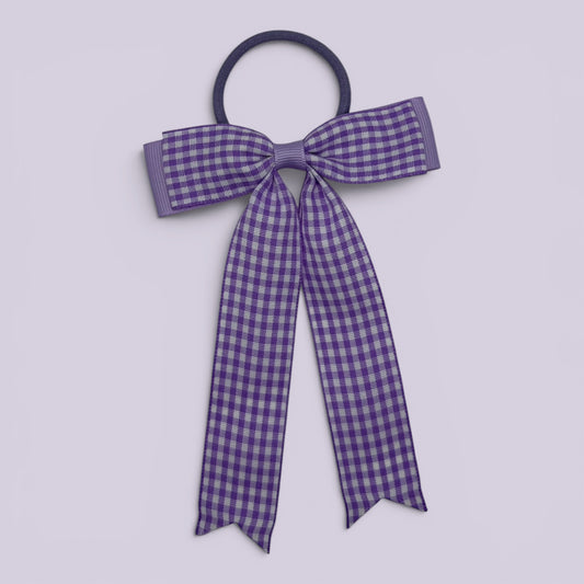 Lilac gingham tailed school hair bow bobble