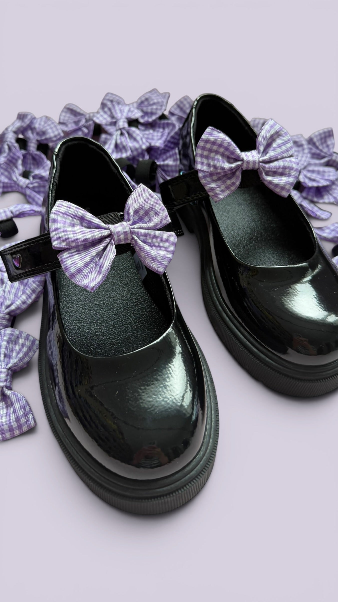 Lilac gingham school uniform shoe bows