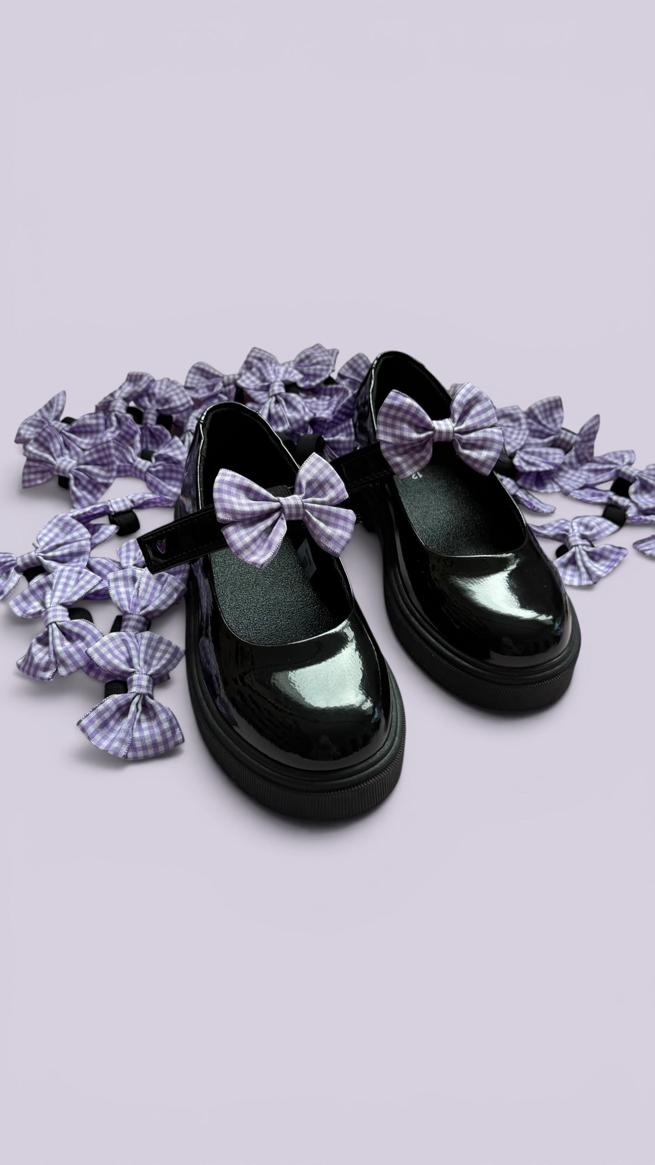 Lilac gingham shoe bows on school shoes