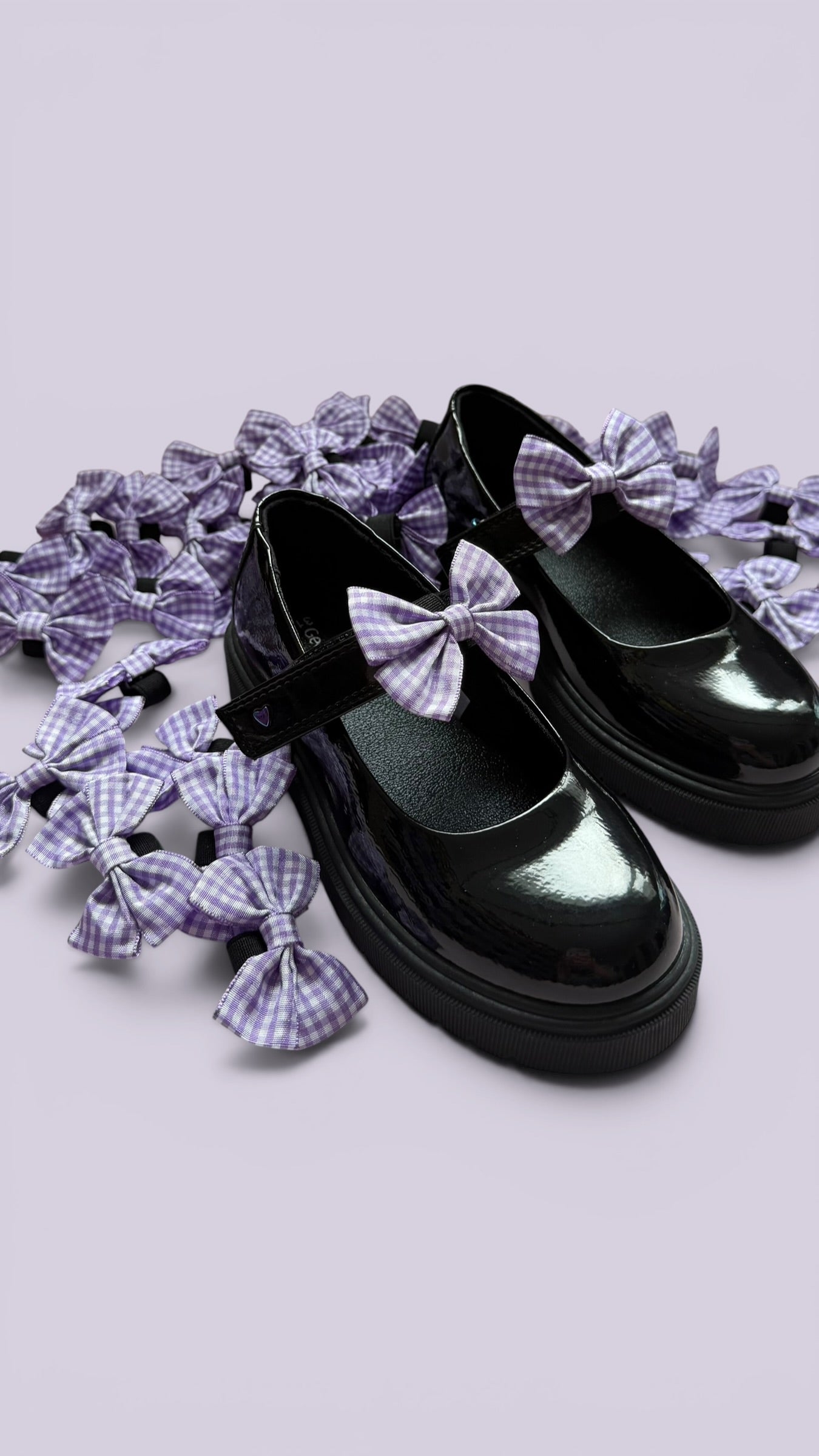 Lilac gingham shoe bows for school uniform