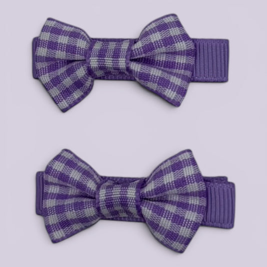 Lilac gingham mini bowtie school hair clips