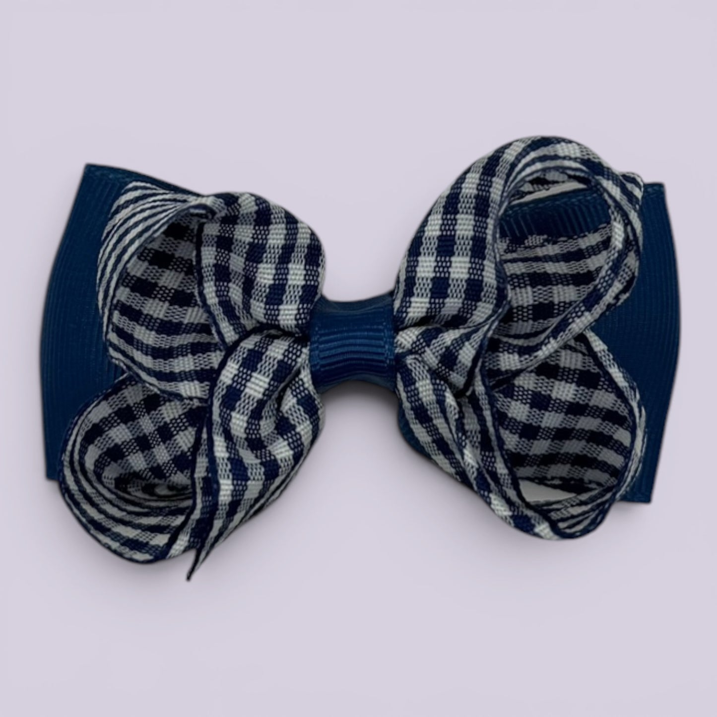 Navy blue gingham double bow school hair clip