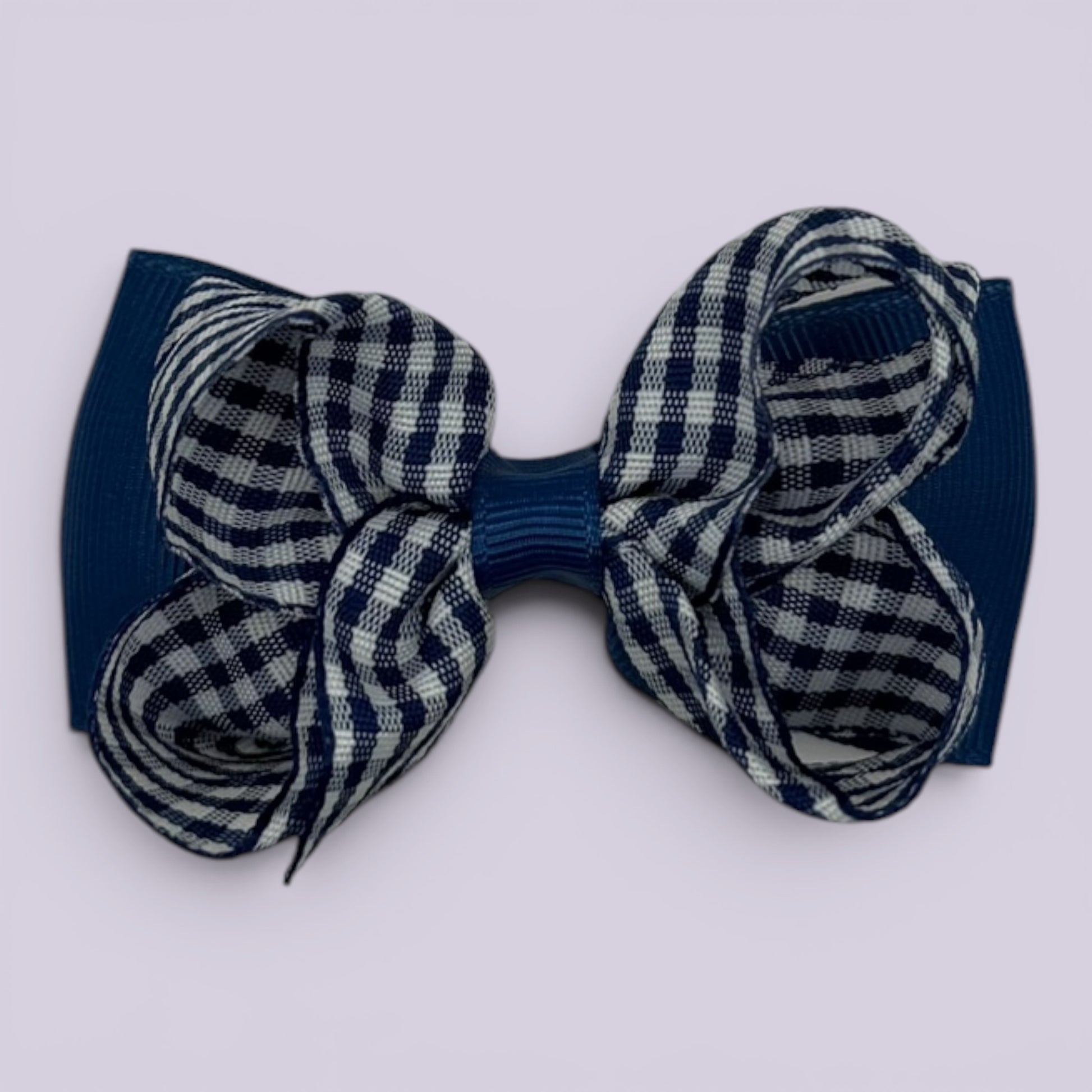 Navy blue gingham double bow school hair clip