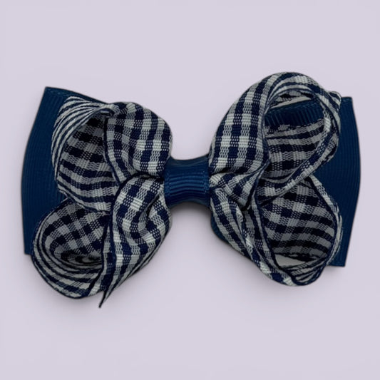 Navy blue gingham double bow school hair clip