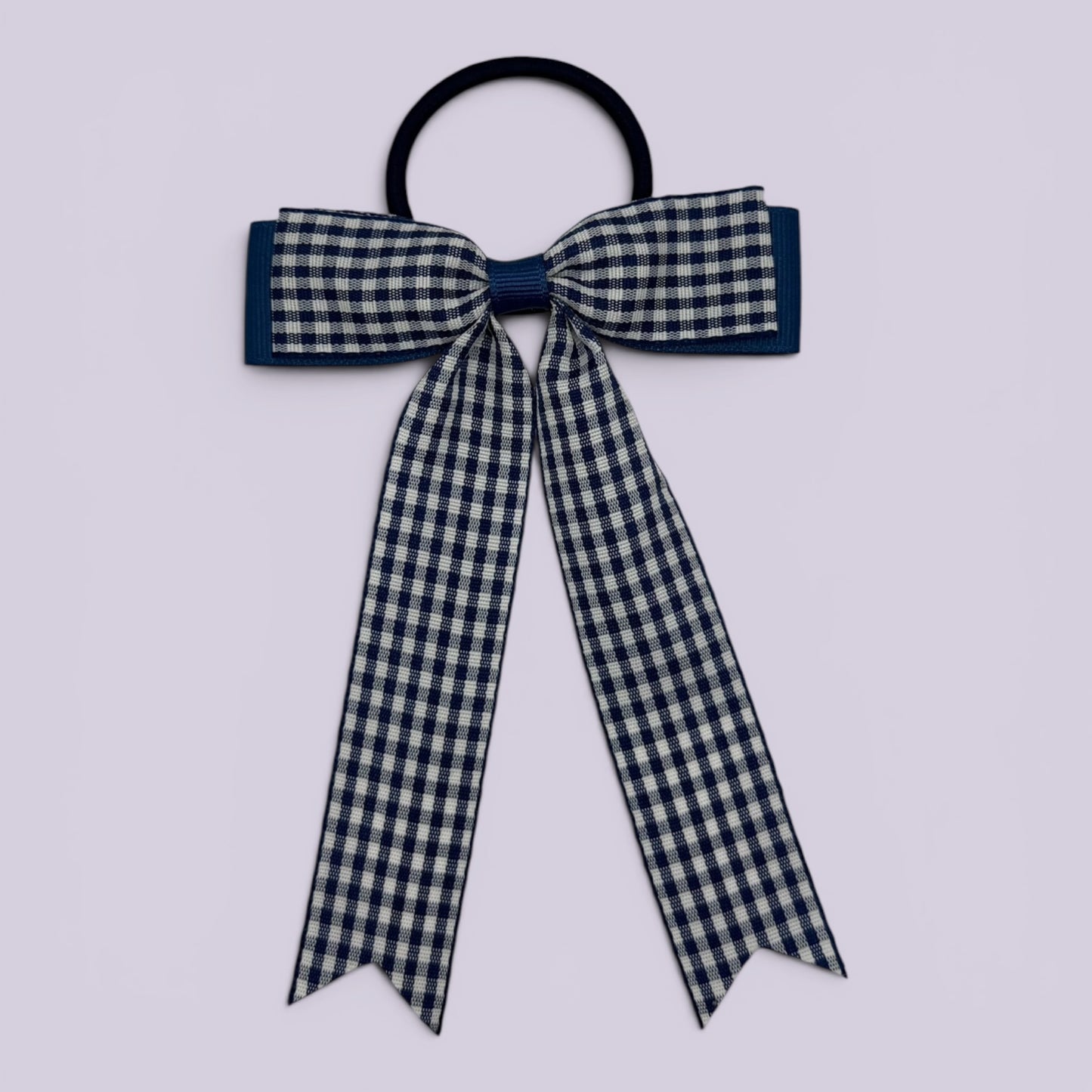 Navy blue gingham tailed school hair bow bobble