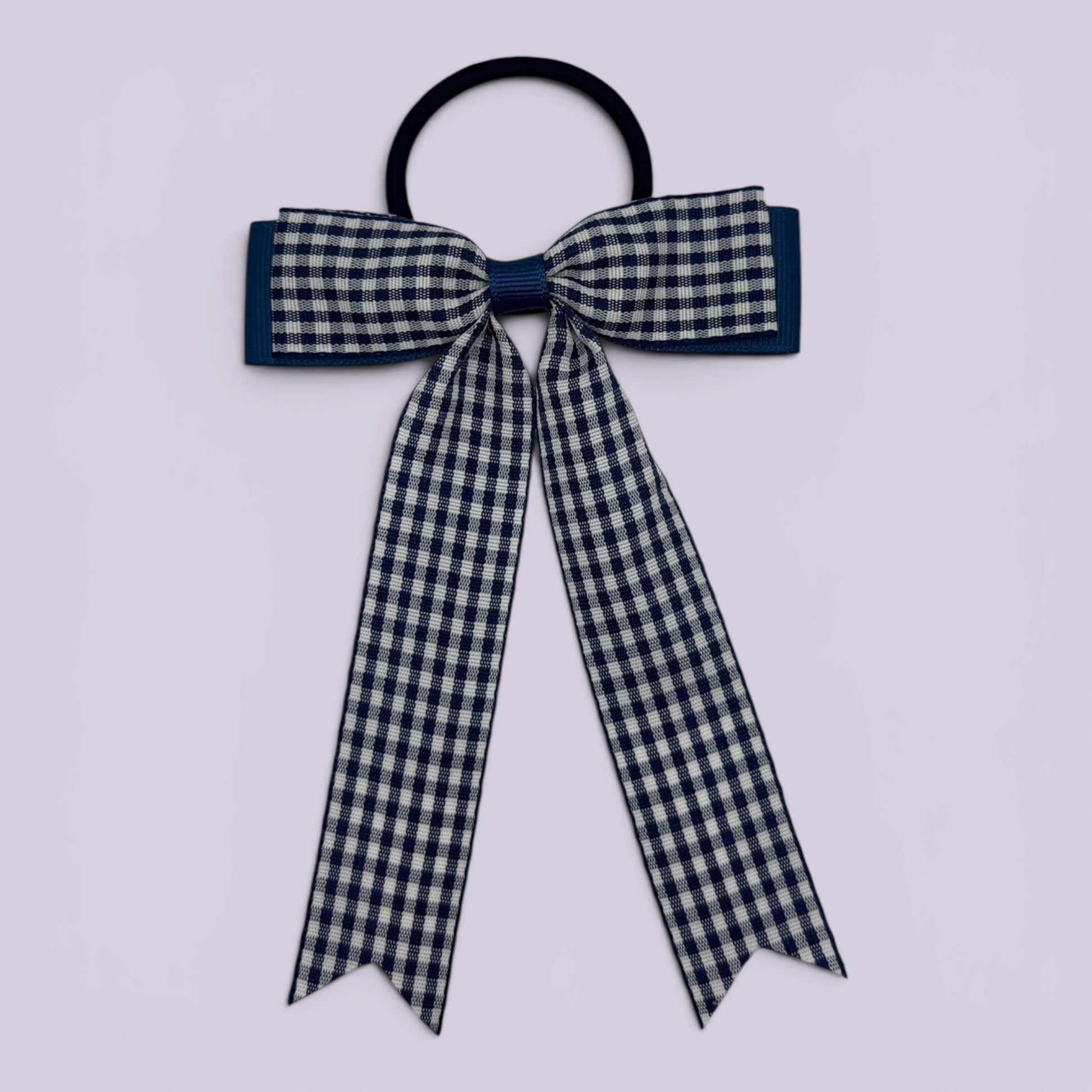 Navy blue gingham tailed school hair bow bobble