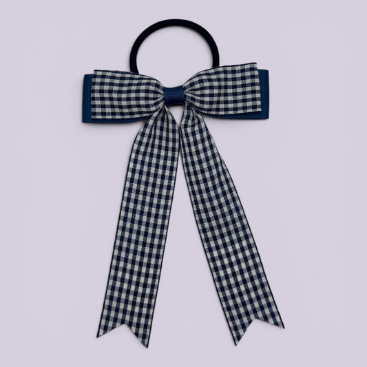 Navy blue gingham tailed school hair bow bobble
