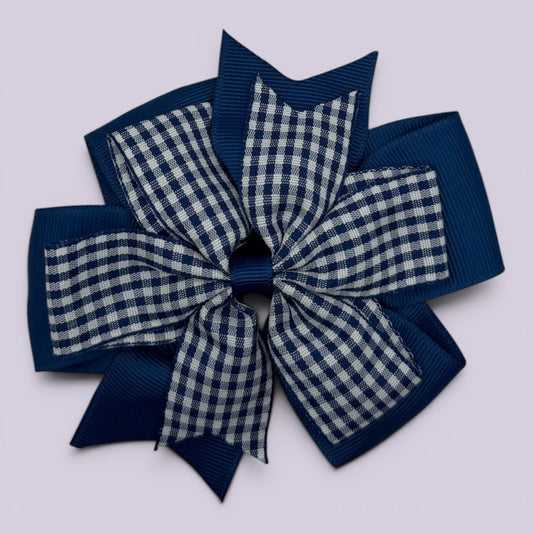 Navy blue gingham school hair bow clip