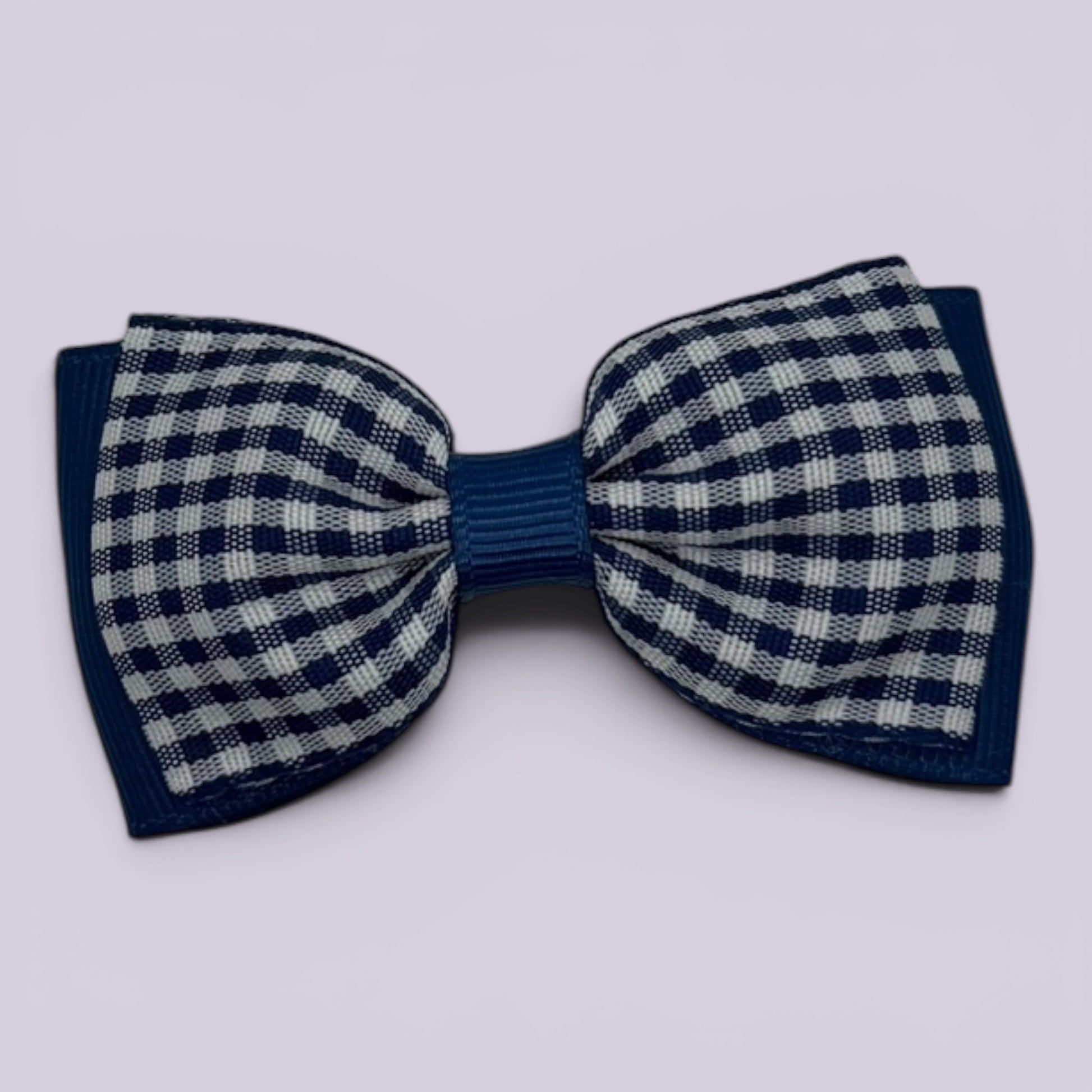 Navy blue gingham bowtie school hair bow clip