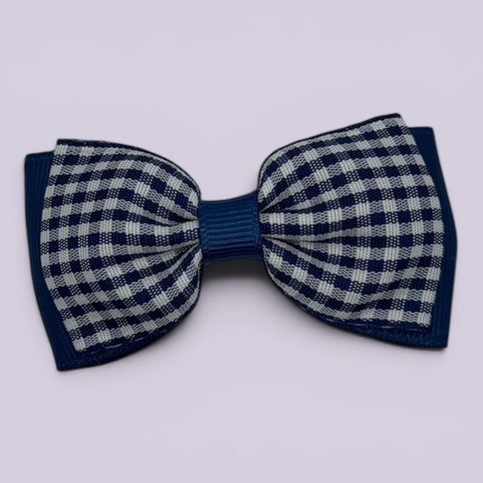 Navy blue gingham bowtie school hair bow clip