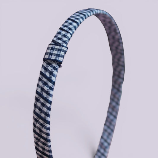 Navy blue gingham headband close up