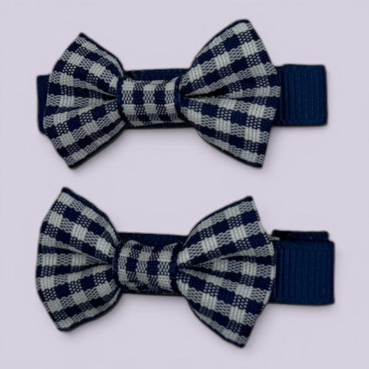 Navy blue gingham mini bowtie school hair clips