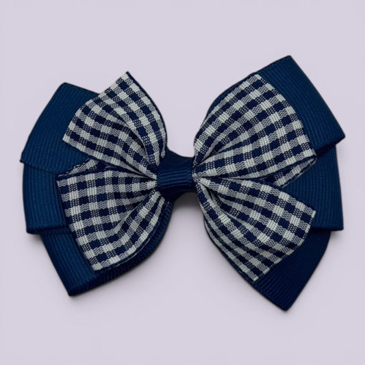 Navy blue gingham pinwheel school hair bow clip