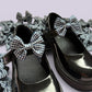 Navy blue gingham school uniform shoe bows