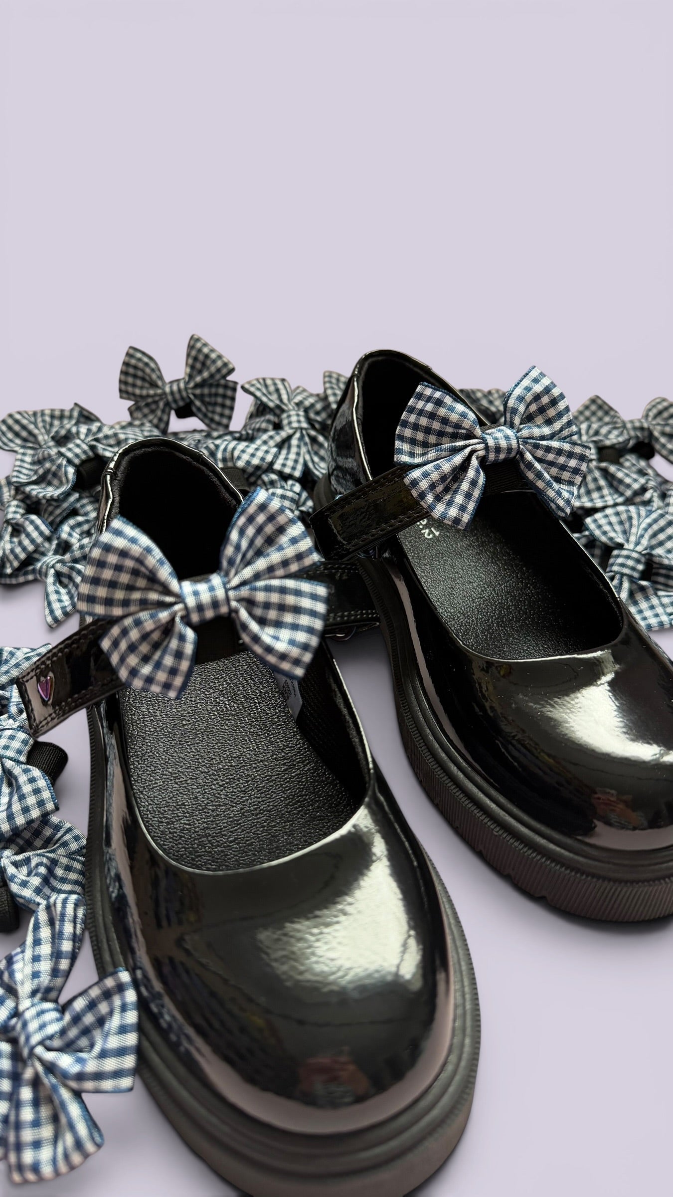 Navy blue gingham school uniform shoe bows