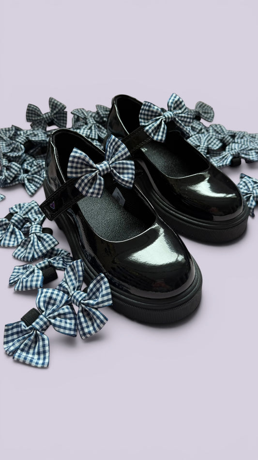 Navy blue gingham shoe bows on school shoes