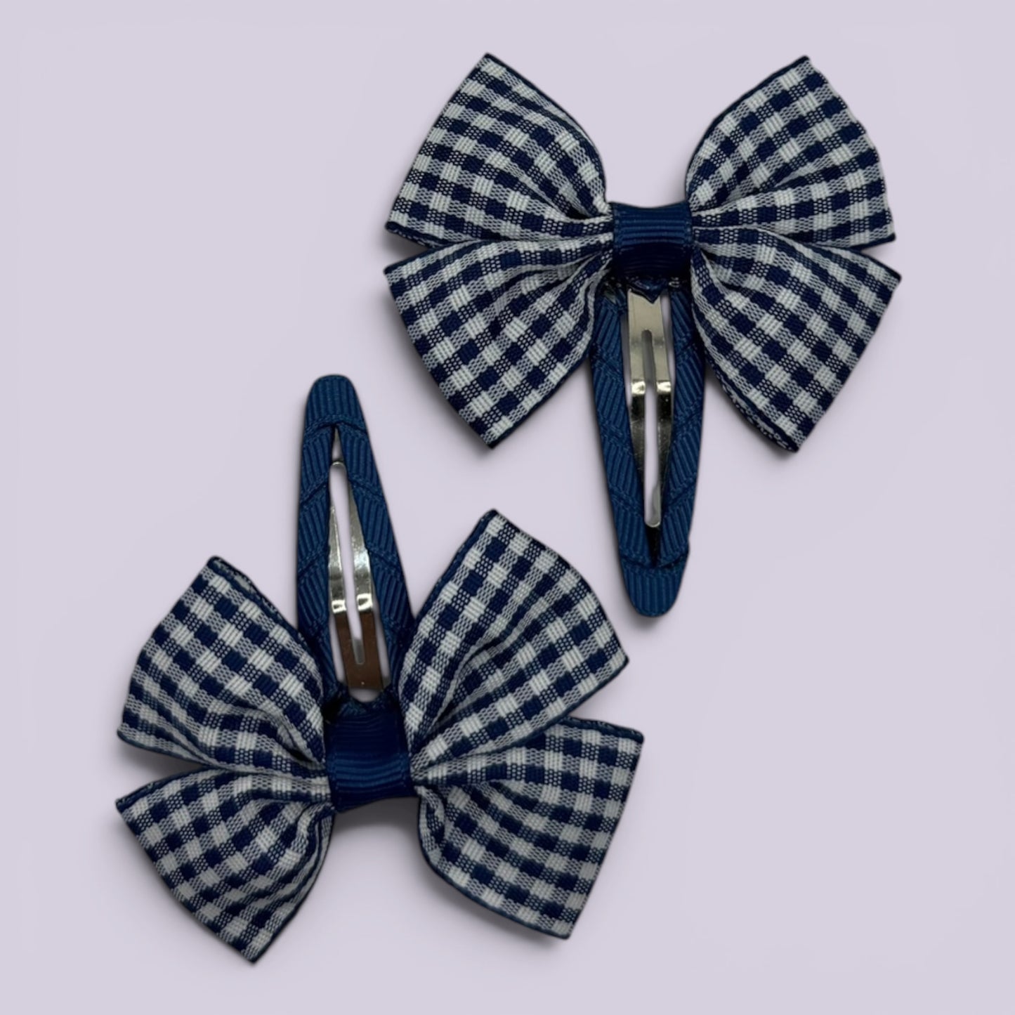Navy blue gingham butterfly school snap hair clips