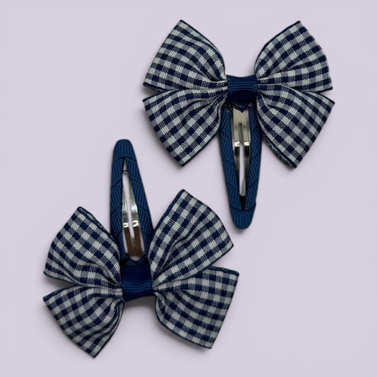 Navy blue gingham butterfly school snap hair clips