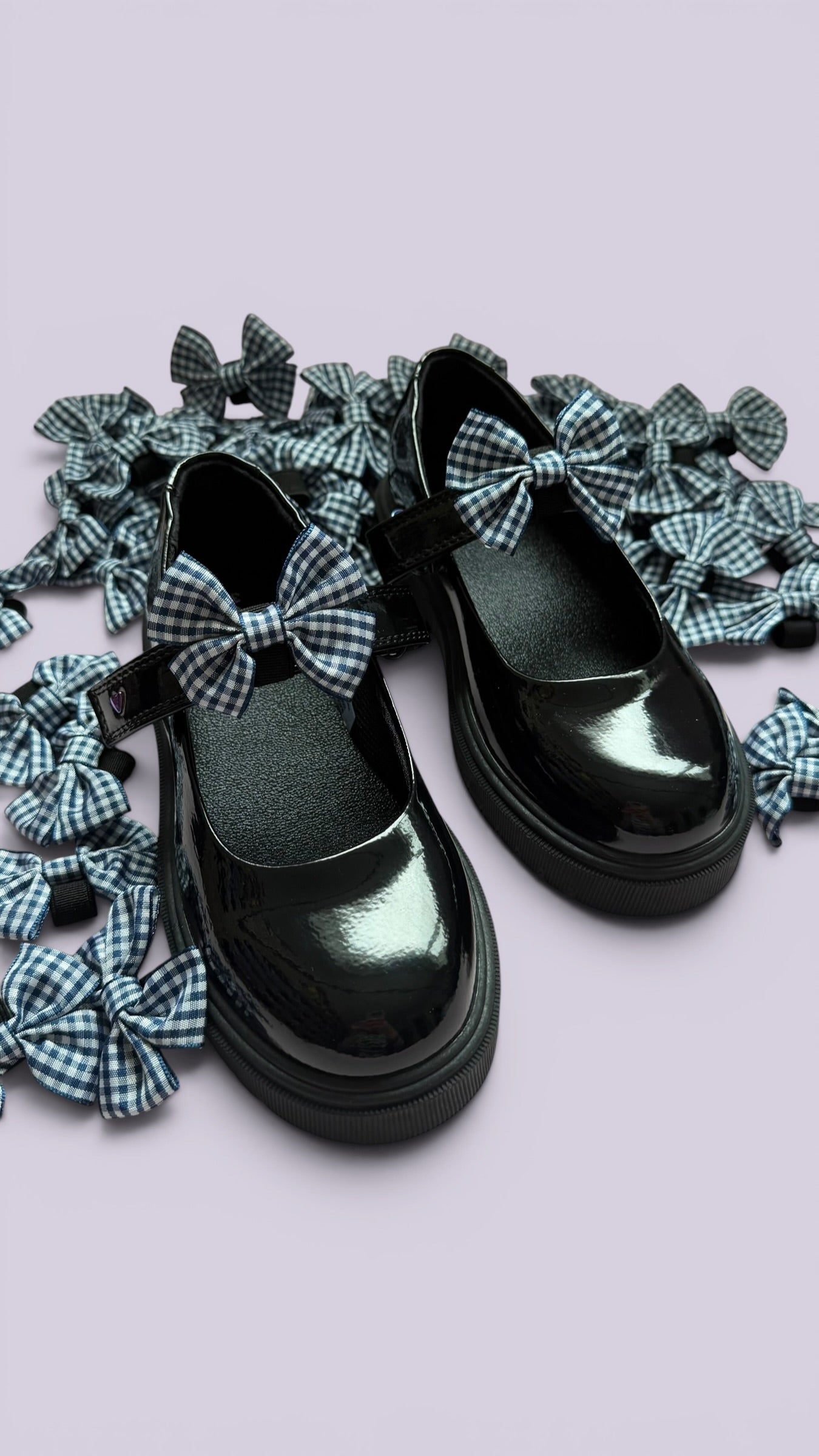 Navy blue gingham shoe bows for school uniform