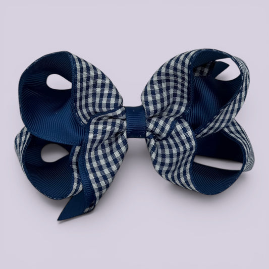 Navy blue gingham large school hair bow clip
