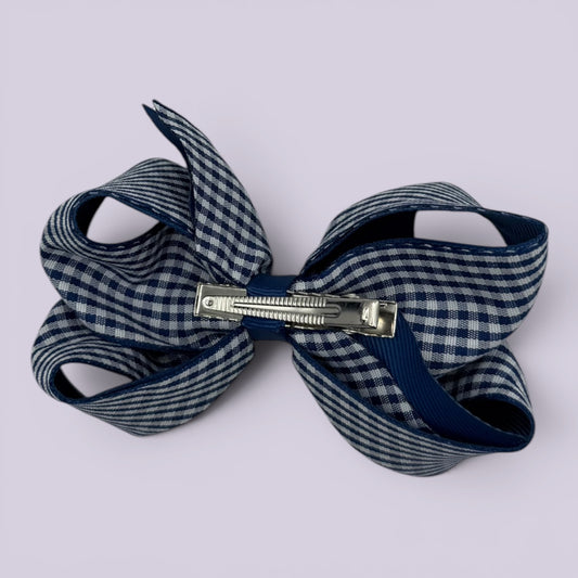 Navy blue gingham large bow clip on card