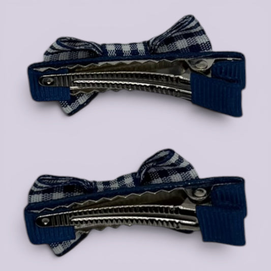 Navy blue gingham mini bowtie clips on card