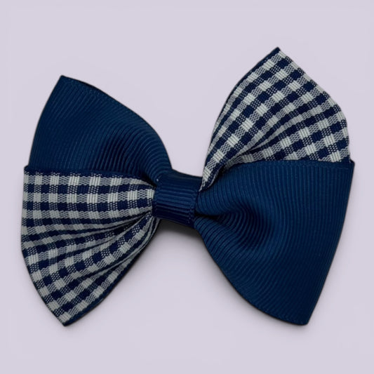 Navy blue gingham twisted school hair bow clip