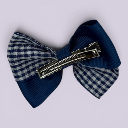 Navy blue gingham twisted bow clip on card