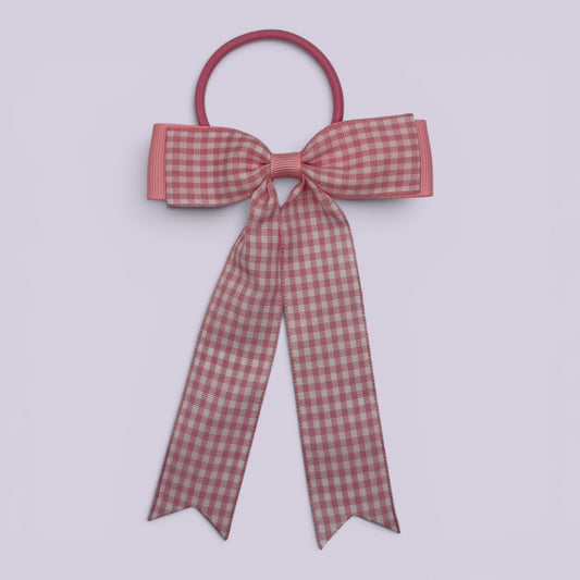 Pink gingham tailed school hair bow bobble